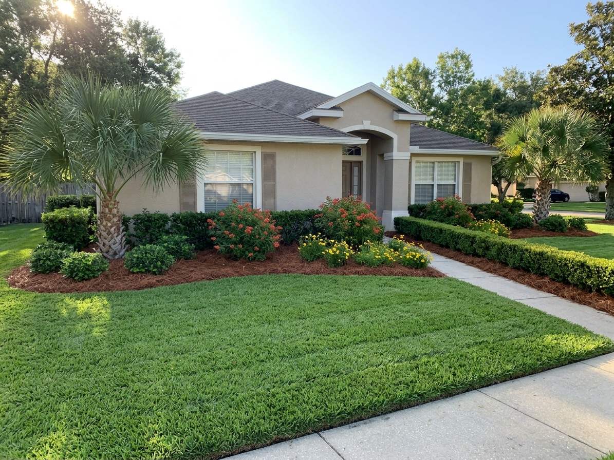 The same front yard after: new sod, edged beds, pine straw and plantings